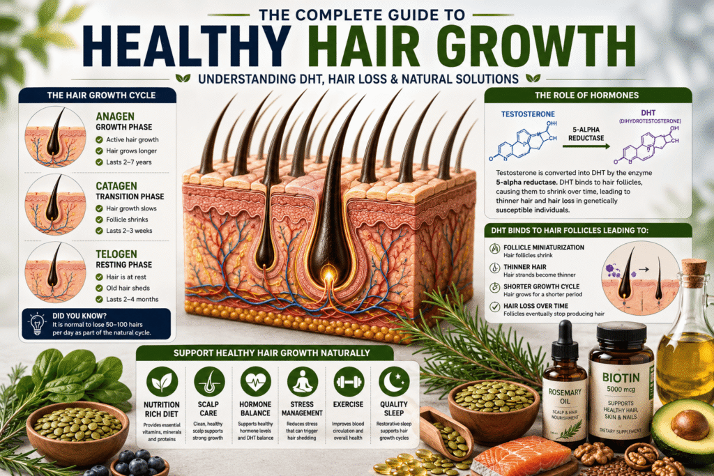 The Complete Guide to Healthy Hair Growth: Understanding Hair Loss, DHT, Male Baldness, and Natural Ways to Support Stronger Hair