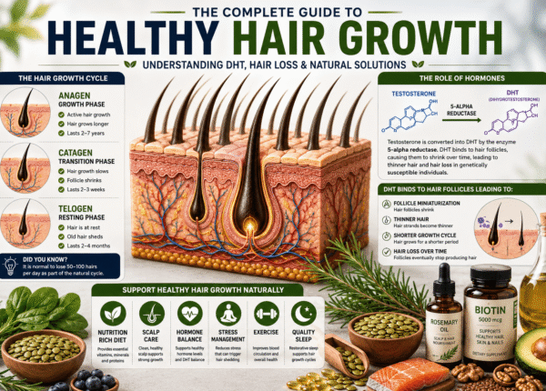 The Complete Guide to Healthy Hair Growth: Understanding Hair Loss, DHT, Male Baldness, and Natural Ways to Support Stronger Hair